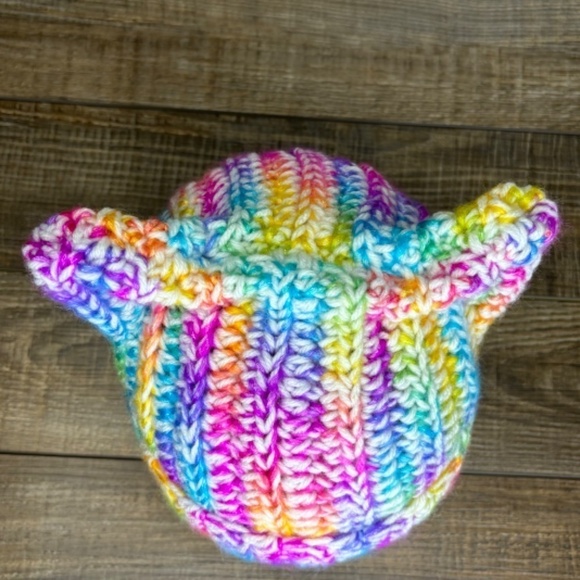 Handcrafted Crochet Winter Hat Rainbow Ice Yarn White Big Twist Cat Ear Ribbed - Picture 7 of 14